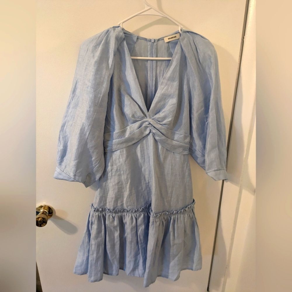 MSRP $400 Sandro Tourmaline Blue Linen Mini Dress Size XS / FR 34 - Picture 6 of 9